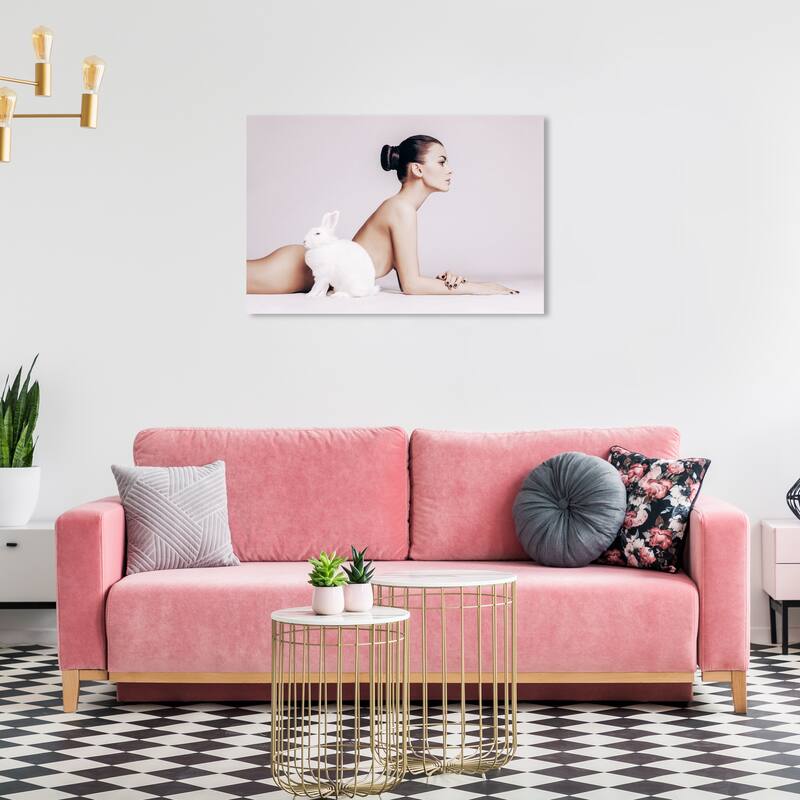 Wynwood Studio Canvas Fashion and Glam Bunny Rabbit Girl White and Light Gray Modern & Contemporary Wall Art Canvas Print - 24 x 36