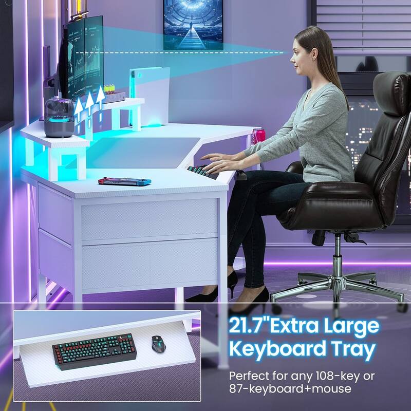 79" Gaming Desk 2 Fabric Drawers Gaming Table Power Strip & LED Lights
