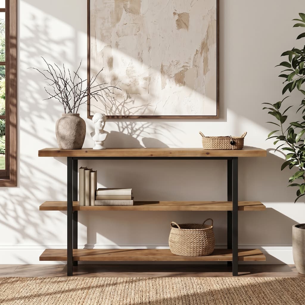 63" Solid Wood Console Table with 3-Tier Storage Shelves, Industrial Sofa Table