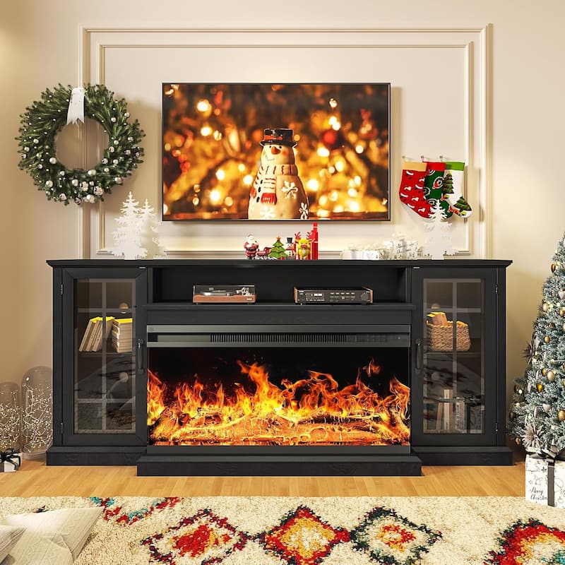 36 Inch 3-Sided Glass Fireplace TV Stand for TVs up to 80" - Black