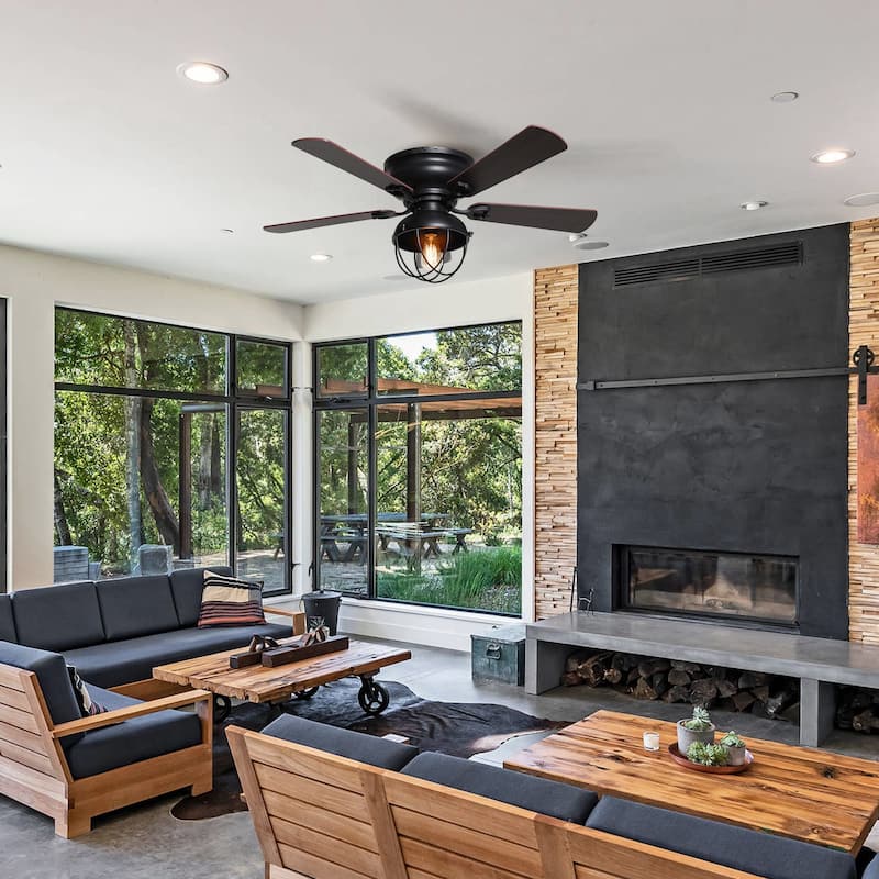 42" Low Profile Black Cage Ceiling Fan with Light Kit and Remote Control - 42-in