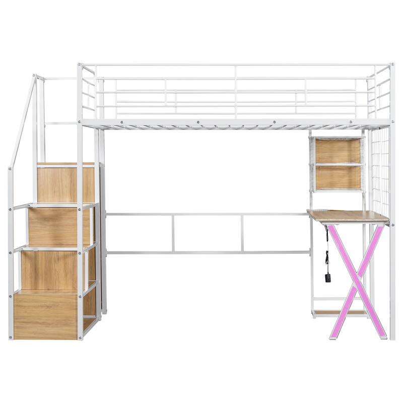 Metal Loft Bed with Built-in Work Station, Wardrobe, Storage Staircase and LED