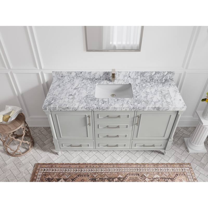 Willow Collections 60 in. W x 22 in. D Aberdeen Single Bowl Sink Bathroom Vanity with Countertop - 2" Carrara Marble - Coventry Gray