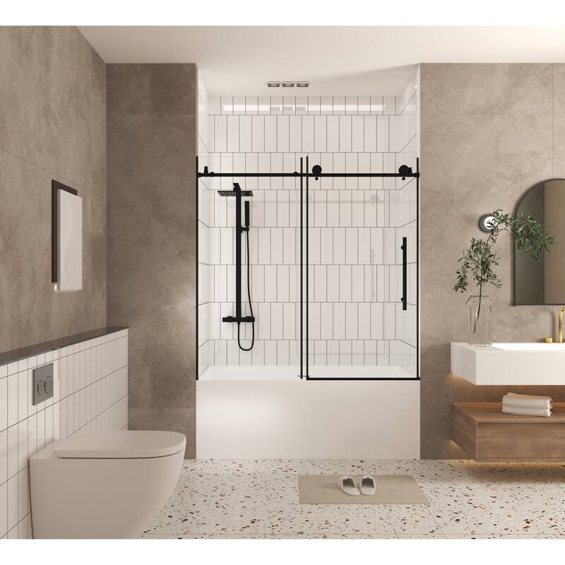 GDFStudio - Aldridge Frameless Sliding Bathroom Shower Door, Adjustable Width with Clear Tempered Safety Glass