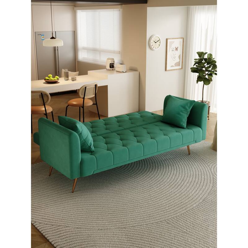 71'' Velvet Upholstered Convertible Folding Sofa Bed: Gold Metal Legs