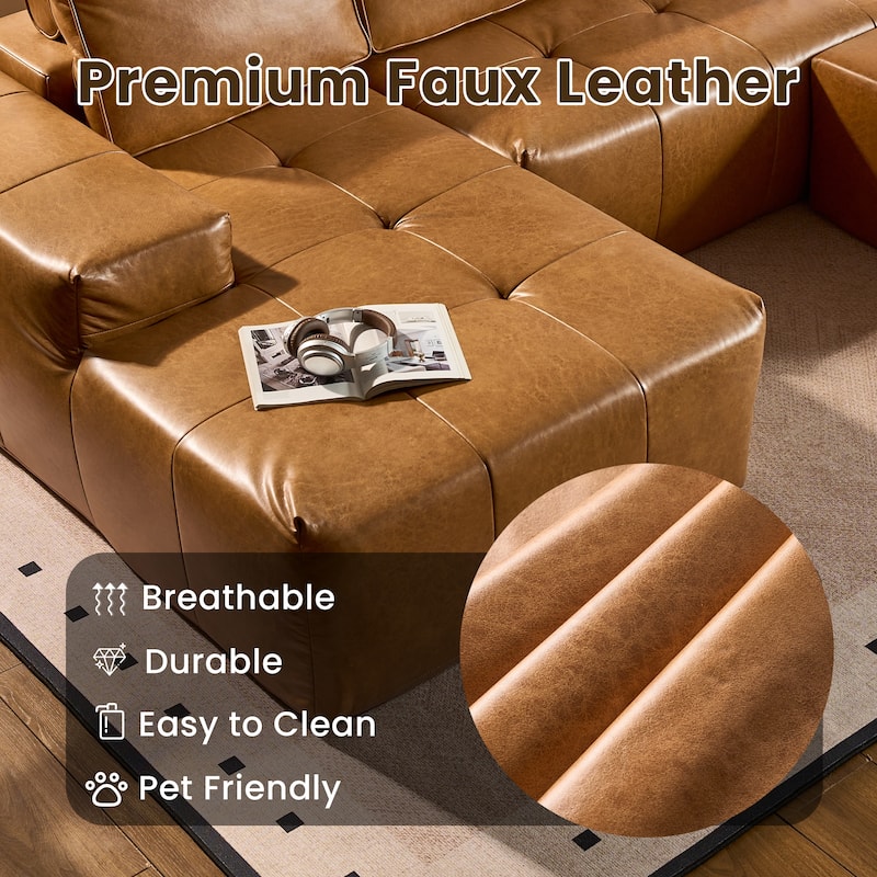 HOOOWOOO Mid-Century Modern Leather L-shaped Sectional Sofa Couch with Ottoman