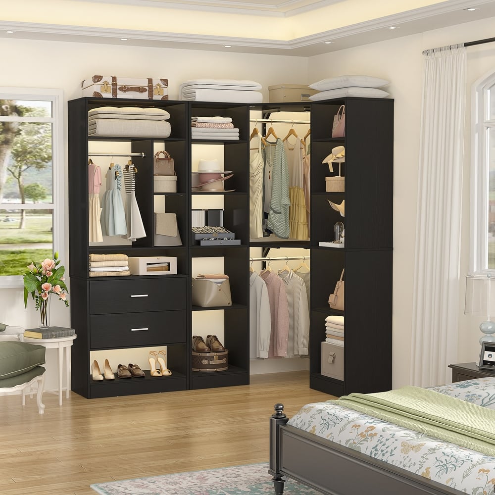 Rackcog 63.2'' W Corner Closet System with 2 Wooden Drawers and 3 Hanging Rods, Walk-in Closet Organizer with 12 Storage Shelves