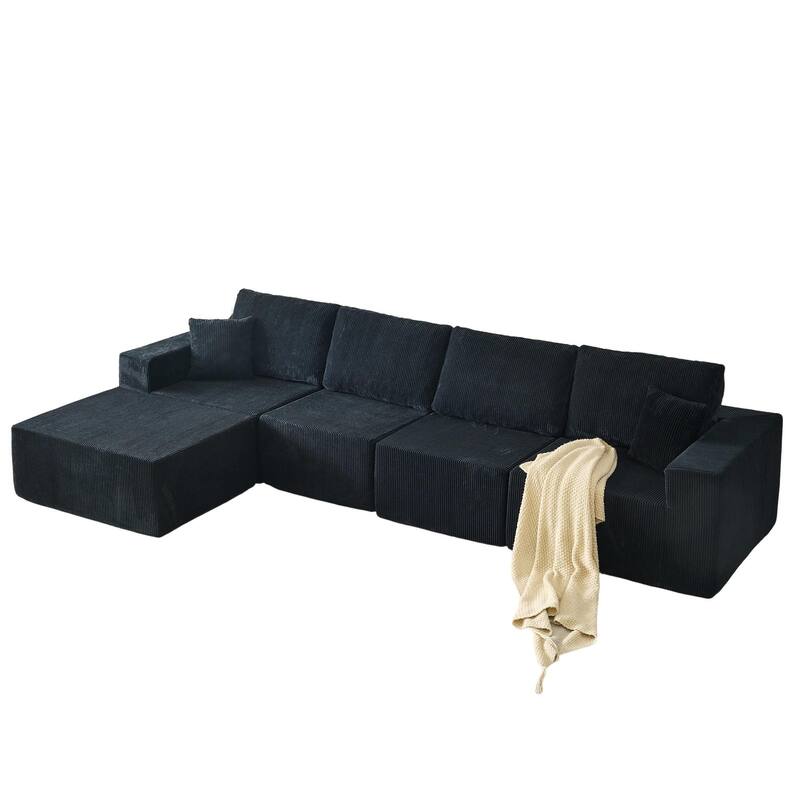 Modular L Shaped Sectional Sofa with Ottoman, Corduroy Boneless Cloud Sofa, 4 Seater Compressed Sofa with 2 Pillows