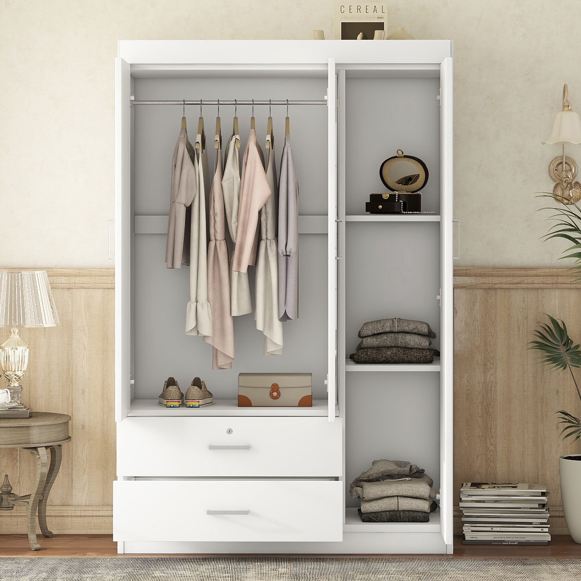 福袋 3-Door Mirror Wardrobe with shelves, Storage Cabinet - Bed タンス、衣類収納