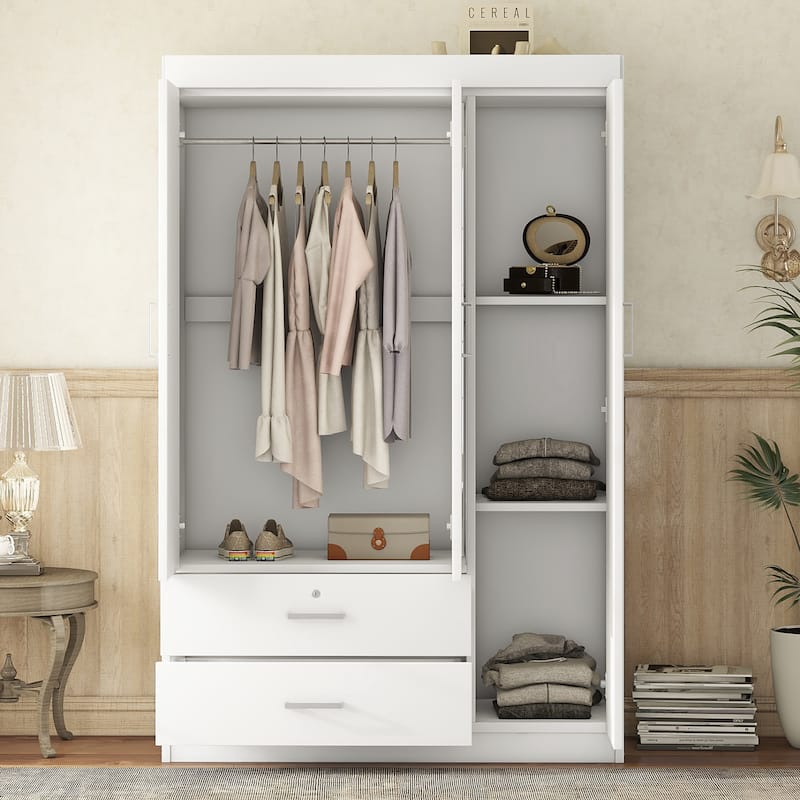 White Armoire Wardrobe Closet with Hanging Rails, Clothes Storage Cabinet Organizer with Drawers and Hanging Rails - White