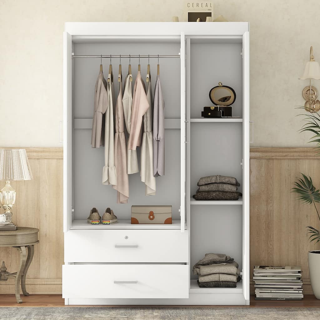 White Armoire Wardrobe Closet with Hanging Rails, Clothes Storage Cabinet Organizer with Drawers and Hanging Rails