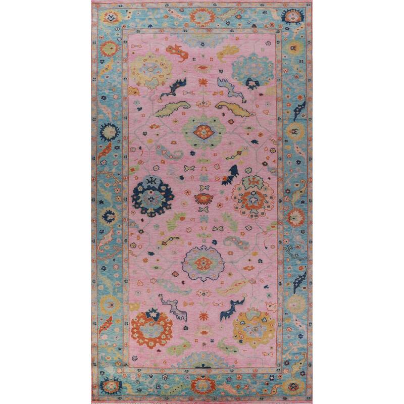 Pink Blue Floral Oushak Indian Large Rug Handmade Wool Carpet - 7'11" x 16'0"