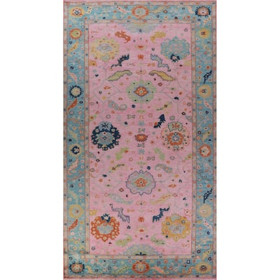 Pink Blue Floral Oushak Indian Large Rug Handmade Wool Carpet - 7'11" x 16'0"