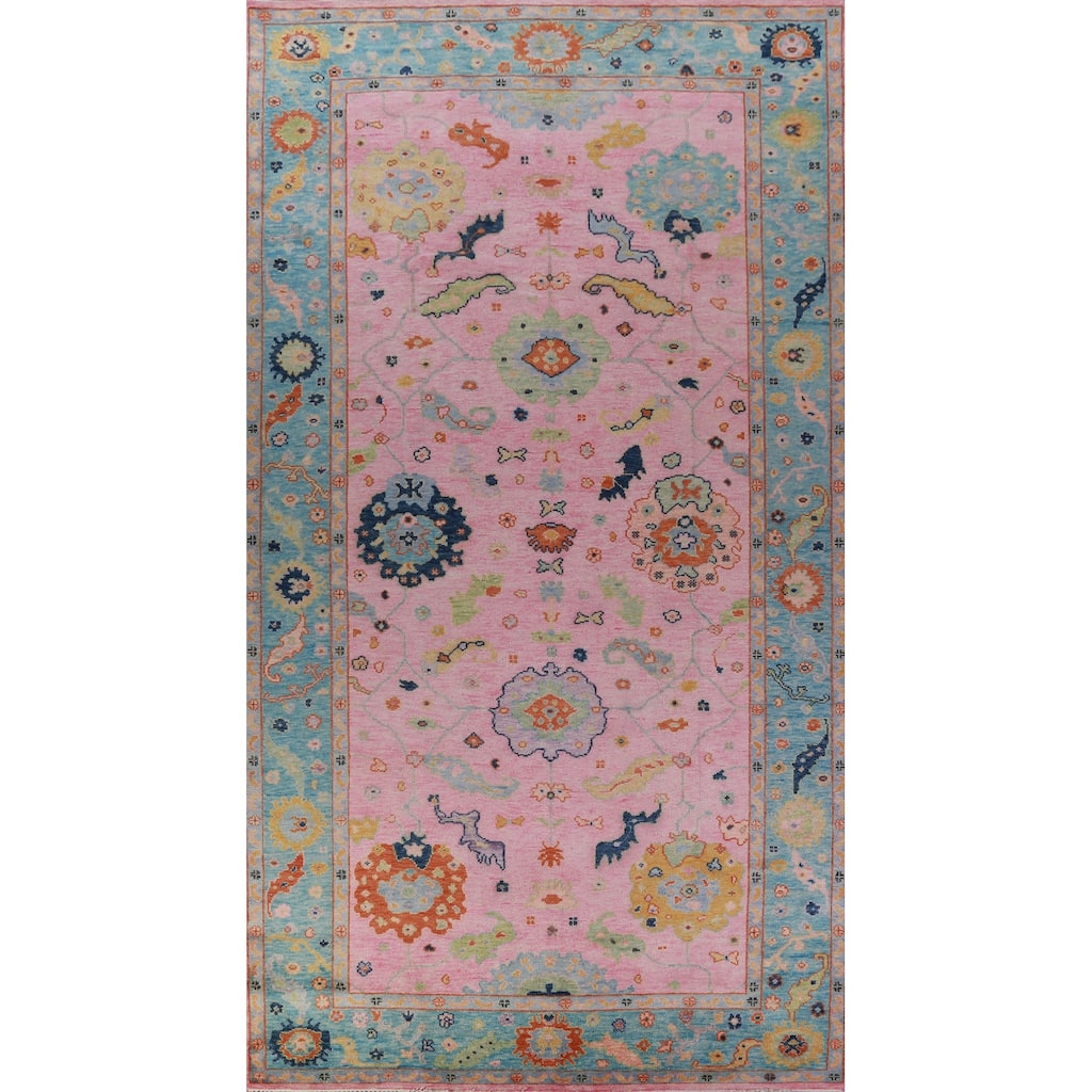 Pink Blue Floral Oushak Indian Large Rug Handmade Wool Carpet - 7'11" x 16'0"