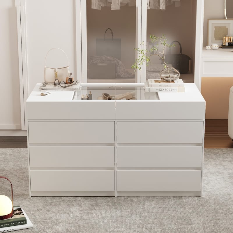 glass top dresser Famapy 12-Drawer Storage Island Tempered Glass Top Island Display Cabinet Dresser