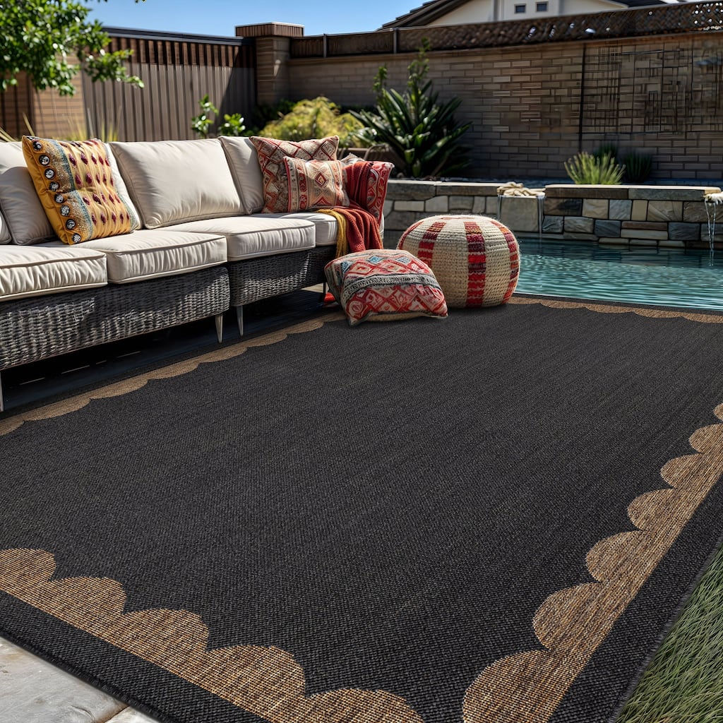 World Rug Gallery Scallop Border Indoor/Outdoor Flat Woven Area Rug - Natural Jute-Style, Easy-Care Patio Rug for Backyard Porch