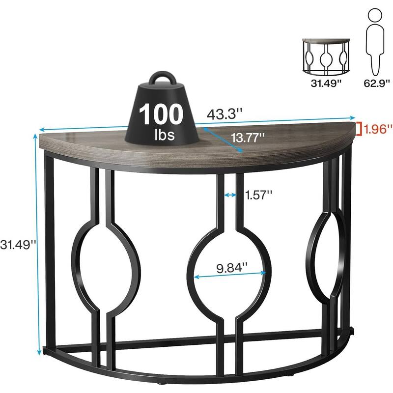 Wood Metal Half Moon Accent Sofa Table with Retro Finish Frame - 13.77"W x 43.3"L x 31.49"H