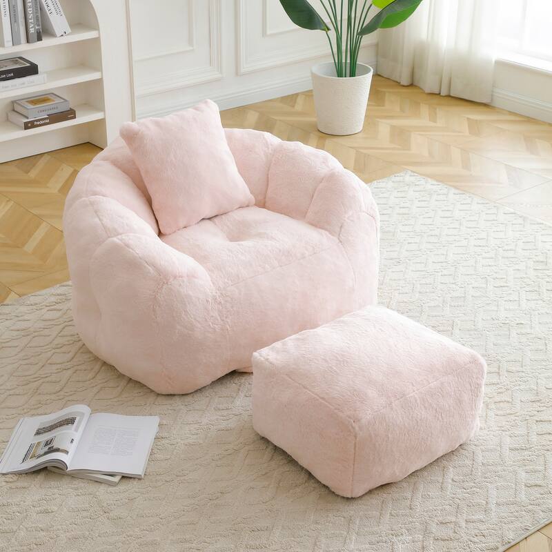 Faux Fur Bean Bag Chair with Ottoman, Giant Bean Bag Chairs for Adults, Shell-Shaped Lounge Floor Sofa with Filler - Pink
