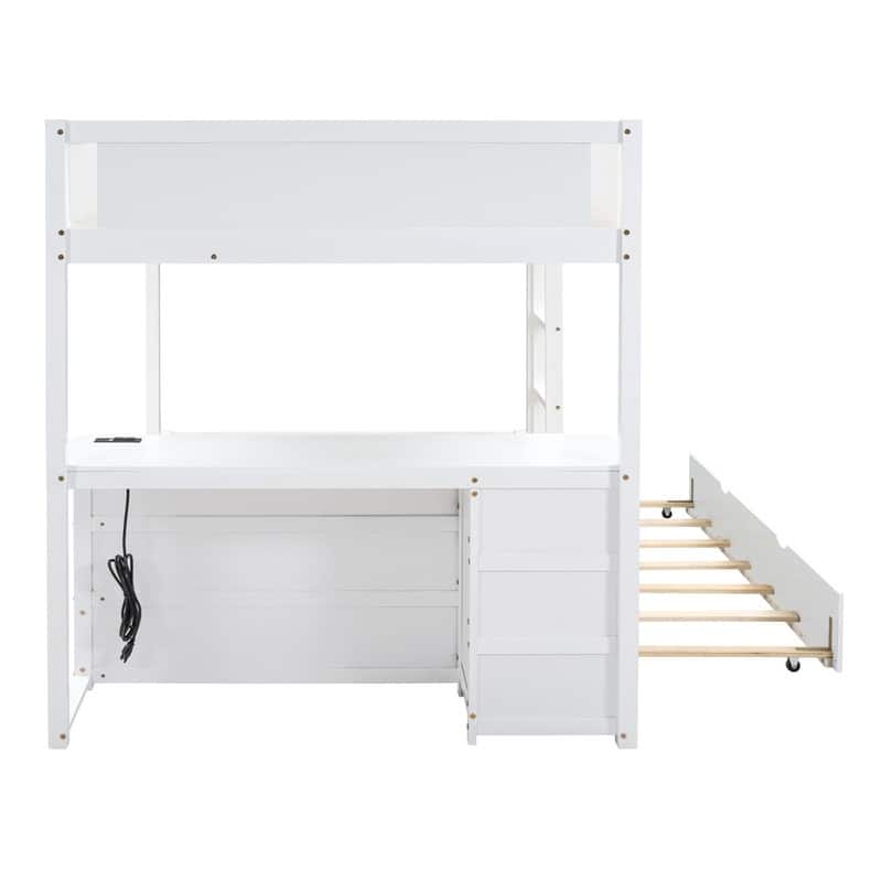 Full-Over-Full Bunk Bed with Twin size Trundle, Drawers and Desk