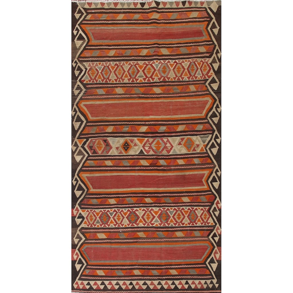 Vegetable Dye Kilim Qashqai Persian Rug Flatweave Antique Wool Carpet - 5'2"x 10'8"