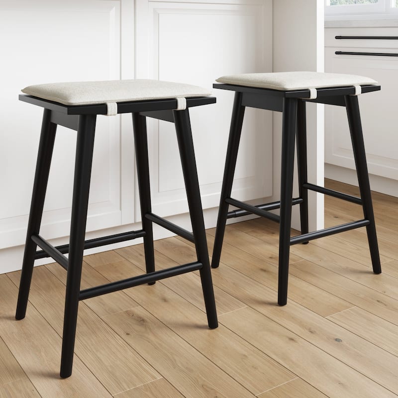 Barker Boucle Upholstered Barstool, Backless Counter Height Stool with Cushion - Set of 2 - Cream Boucle/Black
