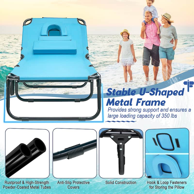 Beach Adjustable Backrest Chaise Lounge Chair w/ Face Hole & Pillows