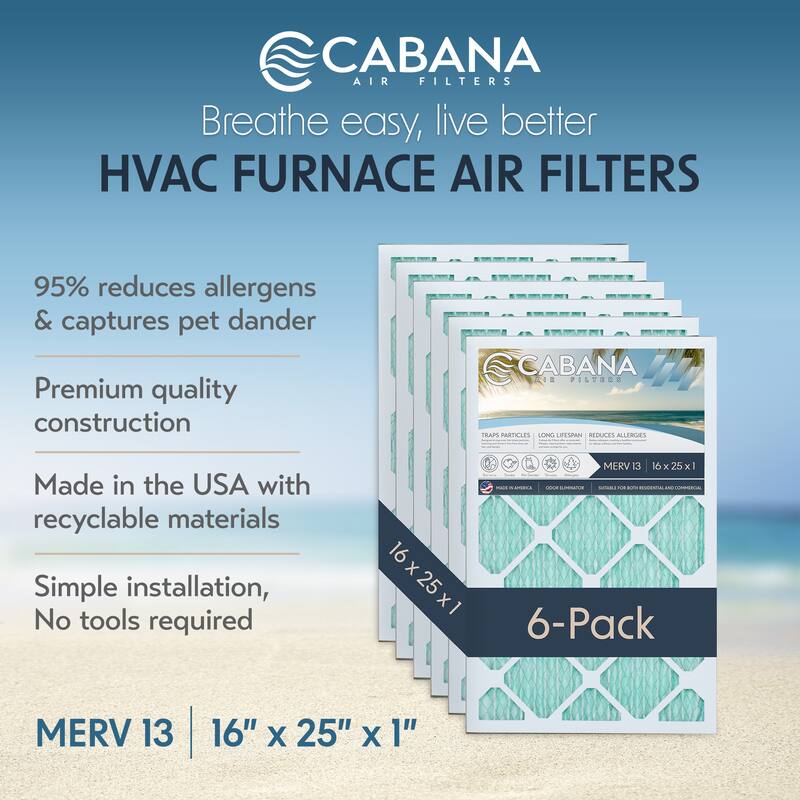 Cabana Air Filters 6 Pack HVAC Furnace Air Filters, MERV 13, 16 x 25 x 1, White - 0.78