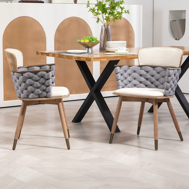 Set of 2 Bechor Beige and Gray Woven Fabric Dining Chair with Natural Wood Legs