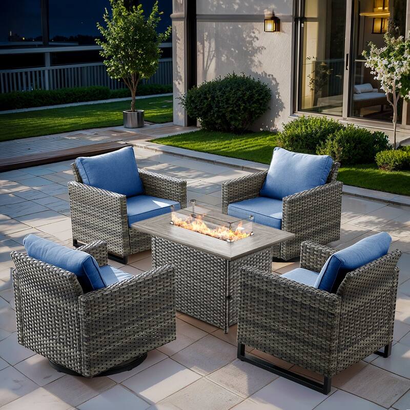 5 Pieces Swivel Chair Club Chair with Fire Pit Table - Blue - Grey
