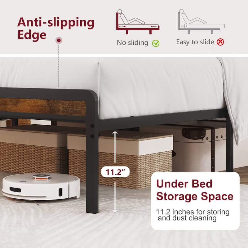 Queen Size Metal Platform Bed Frame with Adjustable Headboard, Charging Station