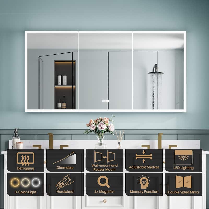 30'' H Recessed or Surface Frameless LED Mirror Cabinet With Defogger, Dimmer, Outlets & USB Ports 