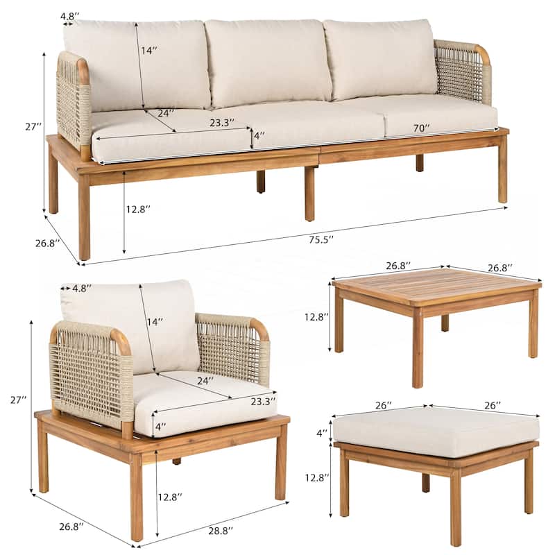Outdoor 5-piece Acacia Wood and Rope Patio Sofa Set