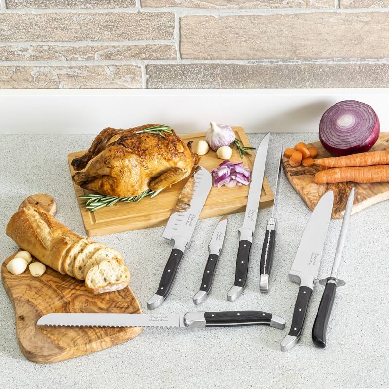 French Home 7 Piece Connoisseur Laguiole Black Pakkawood Kitchen Knife Set with Knife Sharpener