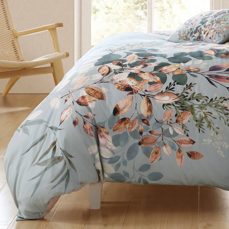 Bebejan Peach Leaves on Sage 100% Cotton 5-Piece Reversible Comforter Set
