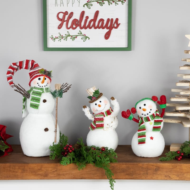 Smiling and Waving Snowman Christmas Figurine - 11.25" - White and Gold