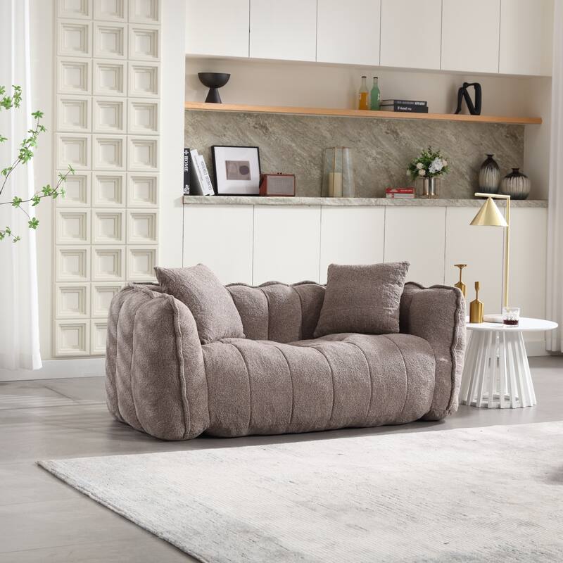 2-Seater Chenille Bean Bag Loveseat, Soft Square Recliner Sofa with High-Resilience Foam, Armrests & 2 Pillows