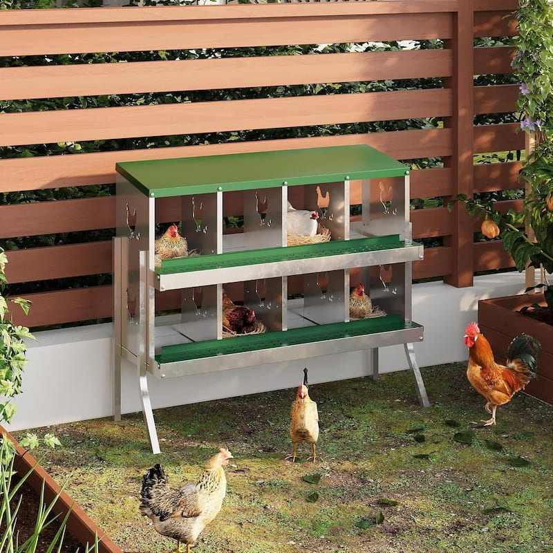 Wall-Mount or Free-Standing Metal Chicken Nesting Box for Hens, Green with Legs - Green 8 Compartments
