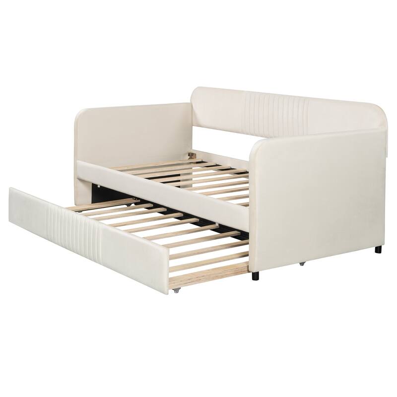 Elegant Velvet Upholstered Twin Daybed Sofa with Trundle and Wooden Slats
