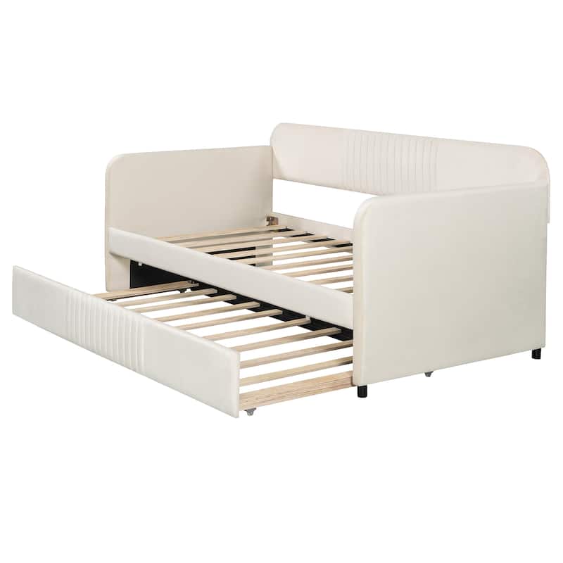 Roomfitters Twin Size Upholstered Daybed with Trundle, Velvet Fabric Sofa Bed with Wood Slats
