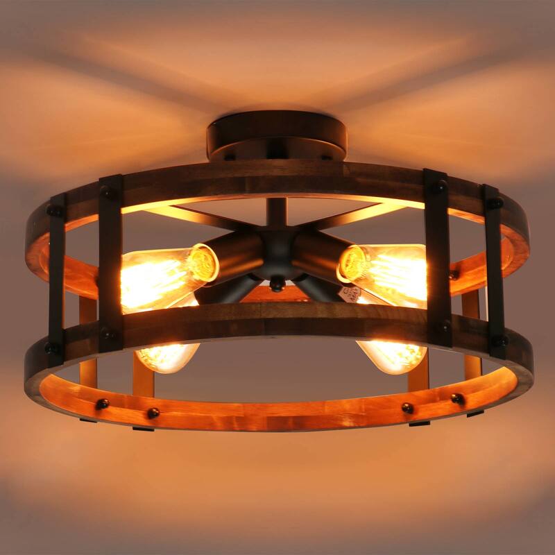 Anmytek Farmhouse 4-Light Wood Drum Semi-Flush Mount Ceiling Light for Entryway - Brown