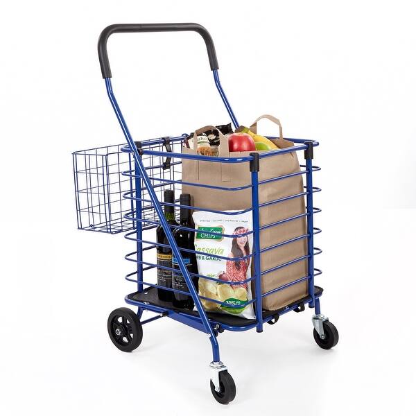 Shop Seville Classics Folding Rolling Steel Wire Basket Trolley Grocery Shopping Cart Blue Overstock 31723646