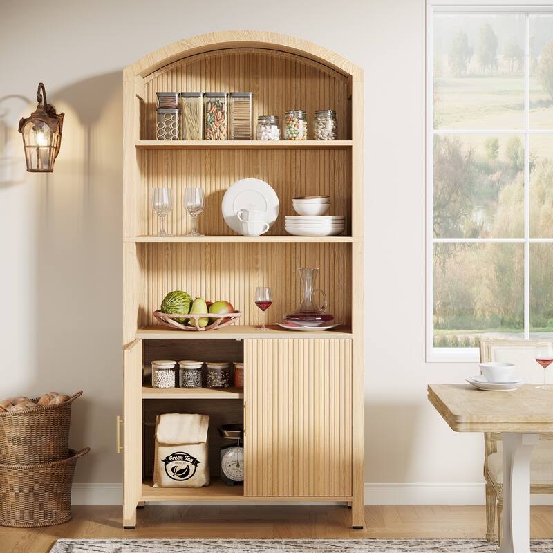 71" Tall Arched Kitchen Pantry Cabinet with Doors - Natural Wood