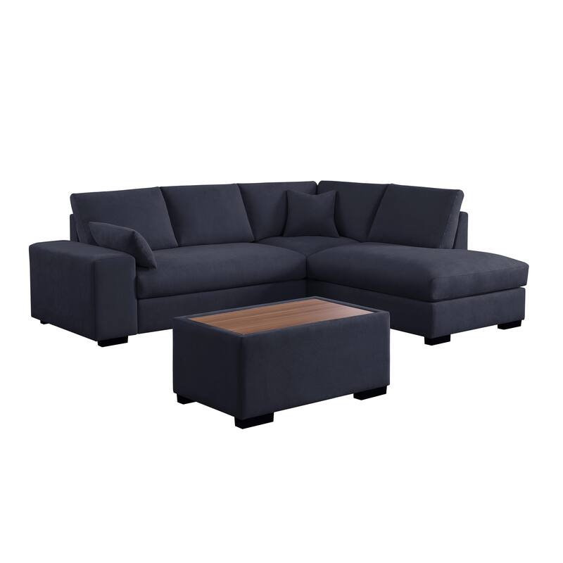 100"W Dark Gray Woven Fabric Sectional Sofa with Chaise, Console Ottoman & 2 Pillows