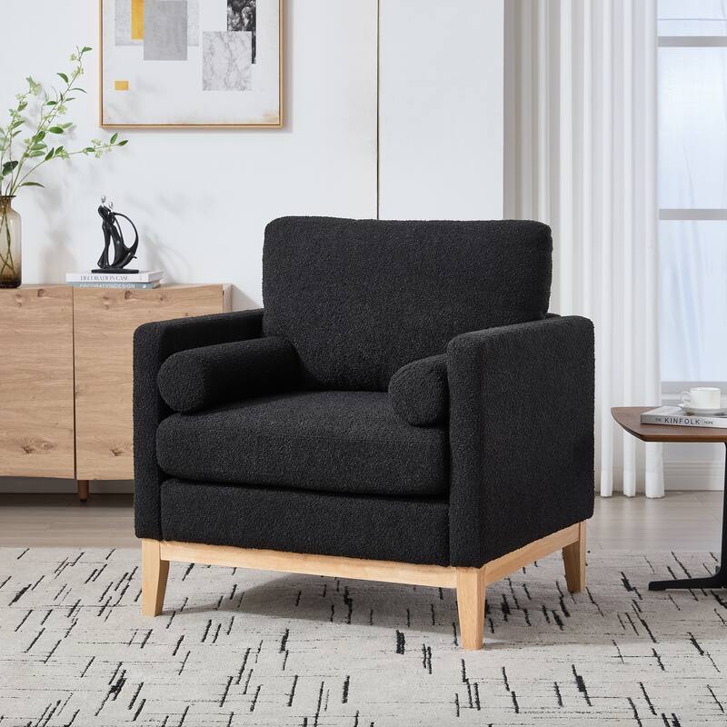 Boucle Accent Chair, Ergonomic Upholstered Single Sofa Chair, Reading Armchair with Bolster Pillows & Wood Legs