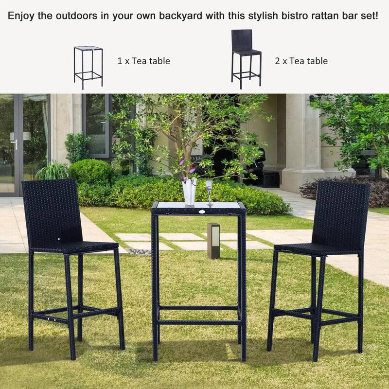 3pcs Rattan Bar Set with Glass Top Table, 2 Bar Stools for Outdoor