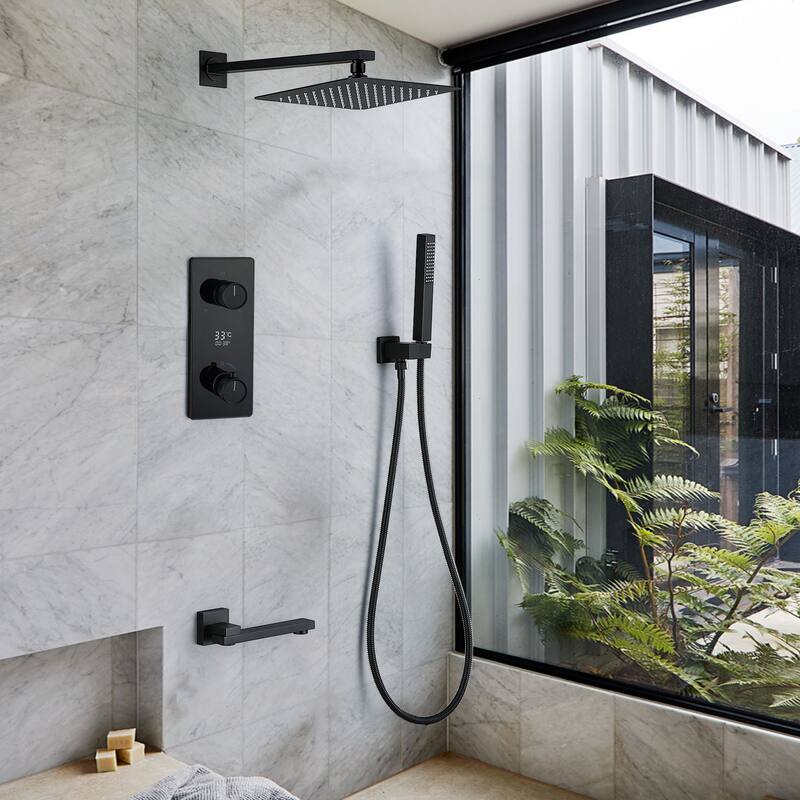 9.84" Thermostatic Complete Shower System with Rough in-Valve, Rain Mixer Shower Combo Set with Handheld - With tub spout - Matte Black