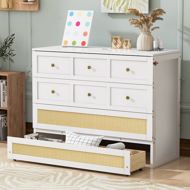 Convertible Foldable Murphy Bed Full Size Wall Cabinet Bed with Storage Drawers, Golden Handles and Rattan Weaving Accents