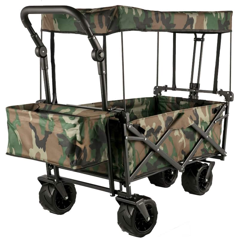 Steel 600D Oxford Folding Wagon 220lbs Cart w/ Canopy & Wheels - 39"x21.4"x39"