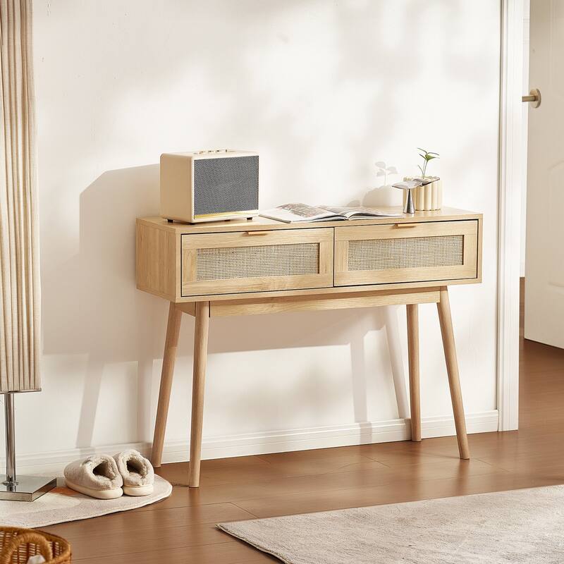 Rattan Console Table with Drawers & Sliding Door for Entryway, Natural - 39.37 × 11.81 × 29.33 in