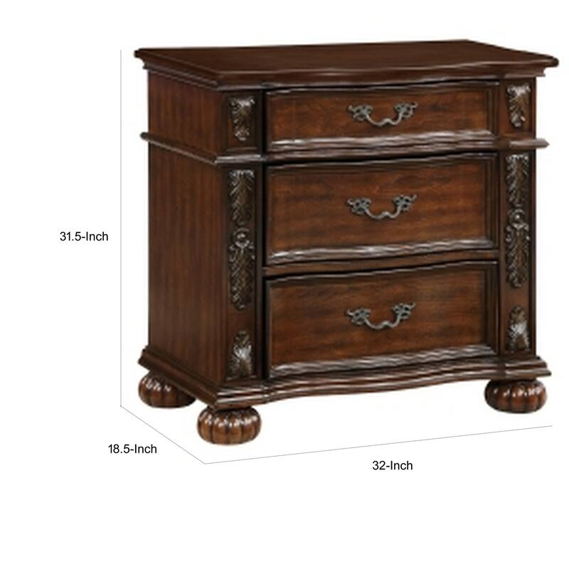Cherry Brown 3 Drawer 18.5 in. W Nightstand with Leaf Carving Design